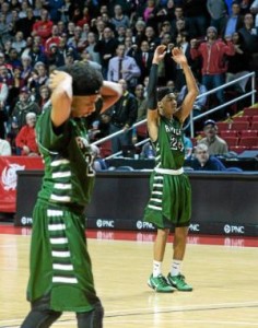 Ridley's Julian Wing, right, and Justin Dawson can't hide their disappointment after Wing's attempt at a tying 3-pointer at the buzzer was off the mark as the Green Raiders fell to Plymouth-Whitemarsh, 44-41, in a District One Class AAAA semifinal Wednesday night. (Tom Kelly IV)